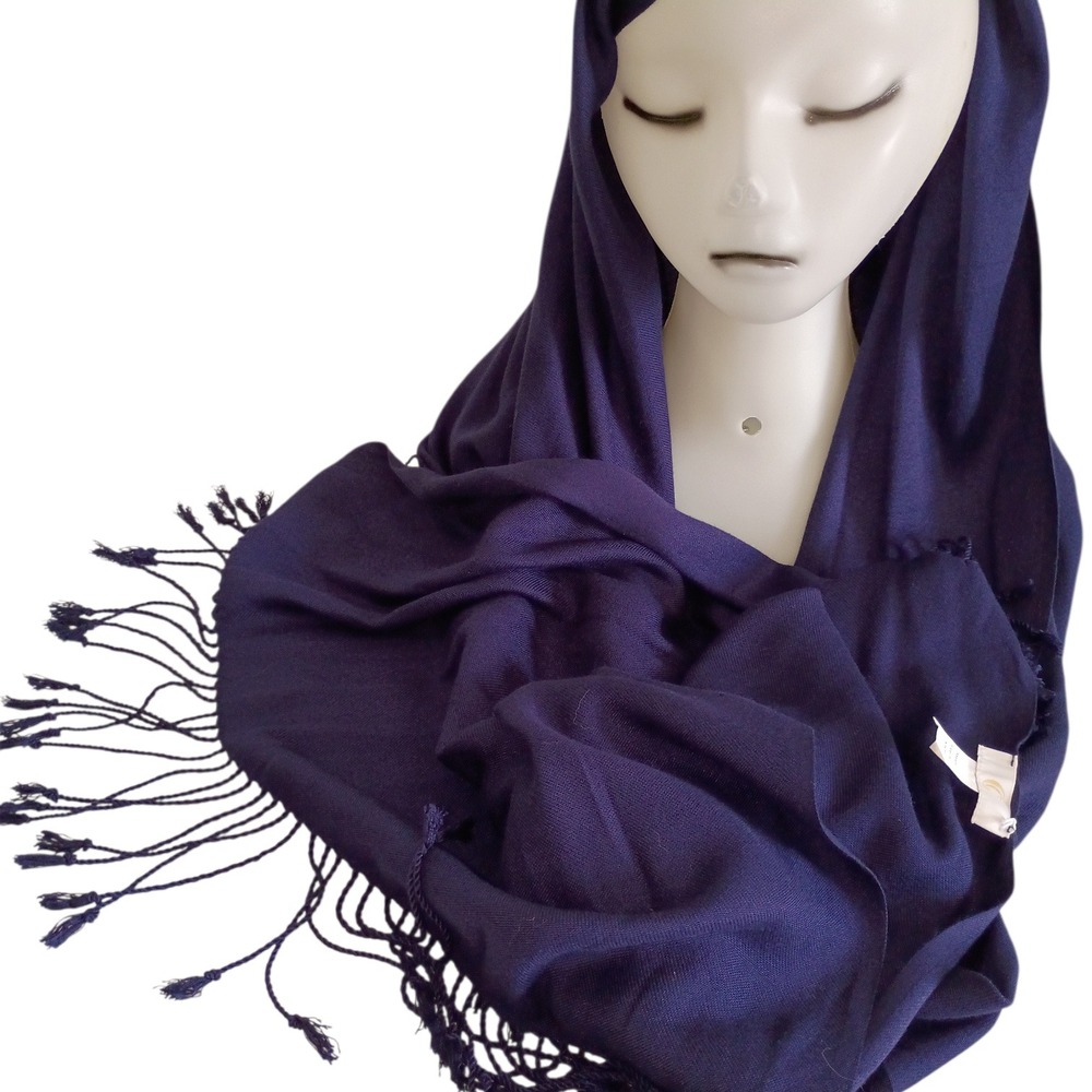 Charming Charlie Navy Blue Rayon Pashmina Scarf with Knotted Fringe Tassels